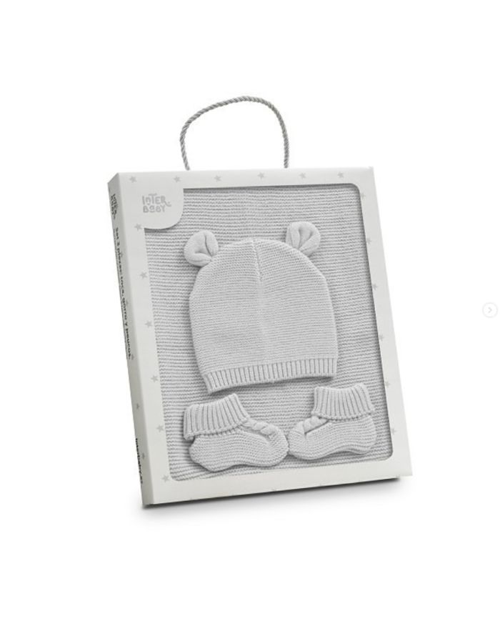 Set 3 piezas gorro, chal y patucos GRIS set42