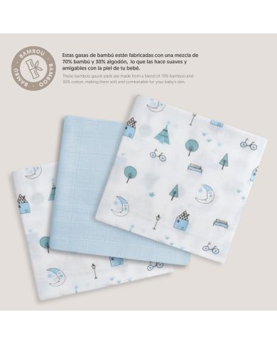 Pack 3 gasas Bambú 55x70 Interbaby AZUL 98976-01