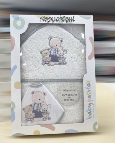 Capa de baño 1x1 m algodón con babero Babypasitos BLANCO CON GRIS 1215