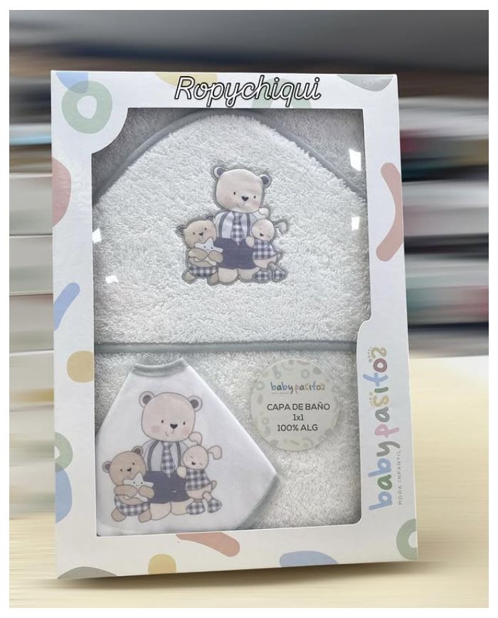 Capa de baño 1x1 m algodón con babero Babypasitos BLANCO CON GRIS 1215