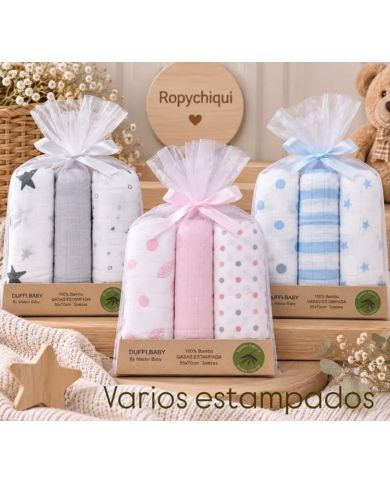 Pack 3 gasas 100% bambú 55x70 cm estampadas 1448