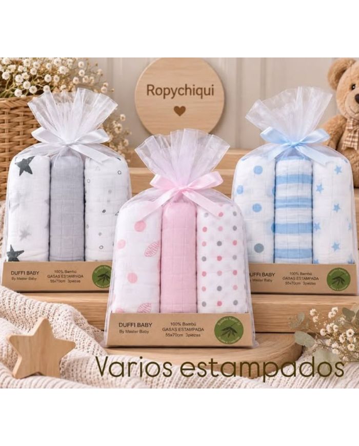 Pack 3 gasas 100% bambú 55x70 cm estampadas 1448
